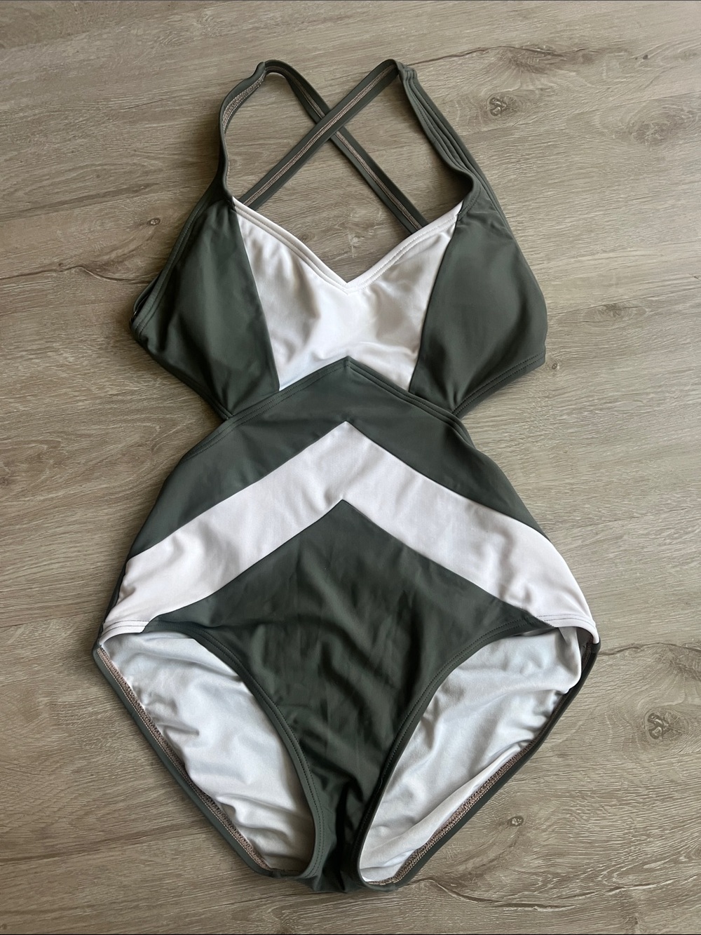 Michael Kors Olive Green & White Chevron One-Piece Swimsuit